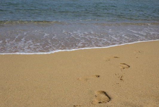 Footprints in the sand on the sea beach