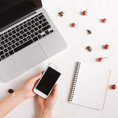 Flat lay of hand holding smartphone, blank notebook and laptop surrounded with berry and star anise on white background, autumn concept