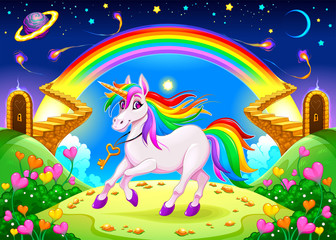 Rainbow unicorn in a fantasy landscape with golden stairs © ddraw