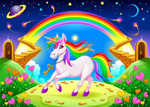 Rainbow unicorn in a fantasy landscape with golden stairs