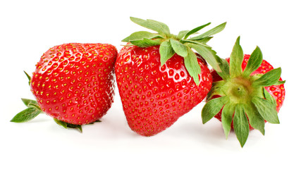 Three whole strawberries isolated on white background.
