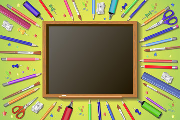 Welcome back to school in blackboard with school items and elements.3D Realistic Title Poster Design. Vector illustration banner.