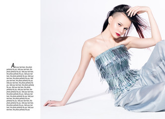 The photo with the column of text. Close-up fashion portrait of beautiful young woman sitting on...
