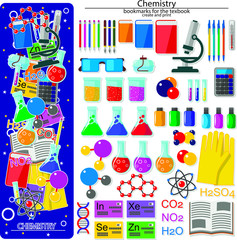 Bookmark creation kit on the chemistry school theme. All elements are located on different layers and can be easily manipulated.