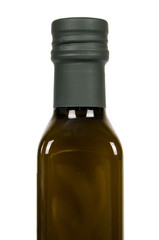 Green bottle of olive oil isolated on a white background