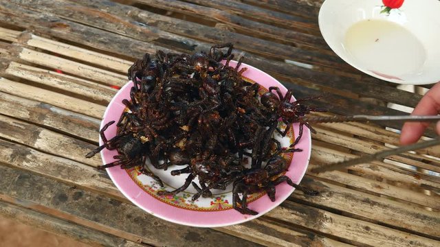Pile of deep fried tarantulas in a bowl ( close-up )