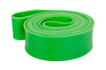 Green resistance band for fitness sport, isolated on white background