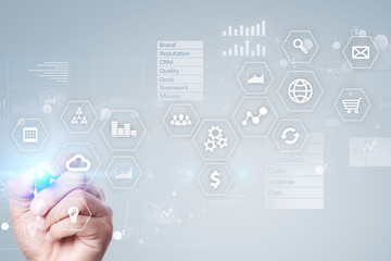 Business and technology concept. Graphs and icons on virtual screen background.