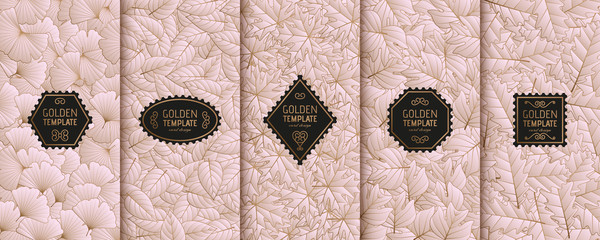 Set of golden luxury templates. Gold autumn leaves background. Vector illustration.