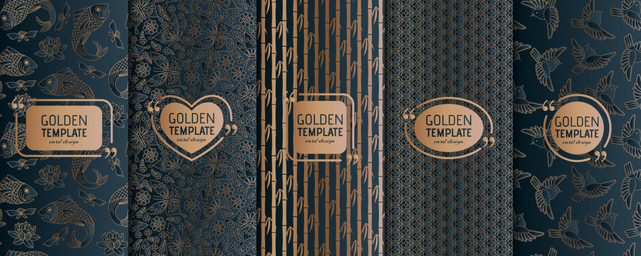 Set of golden luxury templates. Abstract geometric background. Vector illustration.