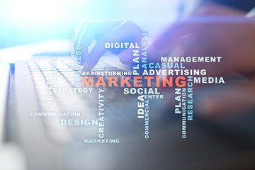 Marketing business concept on the virtual screen. Words cloud.