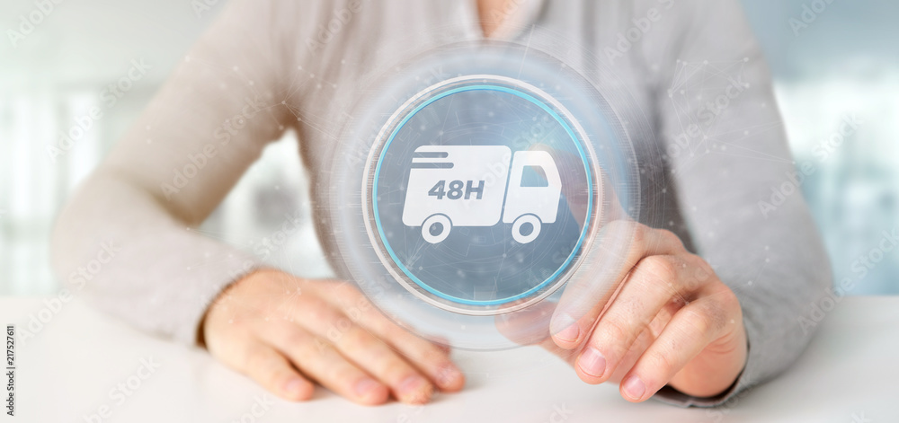 Poster businessman holding a fast delivery button with connection 3d rendering