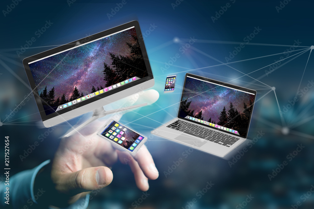 Aufkleber devices like smartphone, tablet or computer flying over connection network - 3d render
