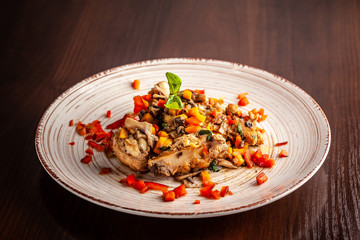 Portuguese cuisine. fried chicken with vegetables in Portuguese. background image. Copy space, selective focus