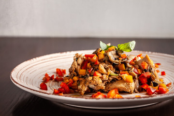 Portuguese cuisine. fried chicken with vegetables in Portuguese. background image. Copy space, selective focus