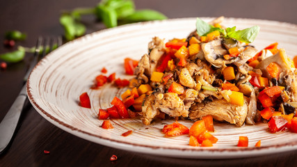 Portuguese cuisine. fried chicken with vegetables in Portuguese. background image. Copy space, selective focus