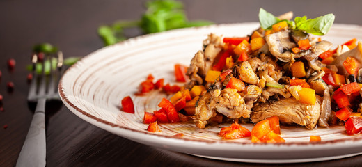 Portuguese cuisine. fried chicken with vegetables in Portuguese. background image. Copy space, selective focus