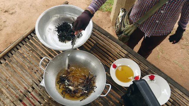 Woman turning over deep frying tarantulas inside a wok using a metal spatula (upper view)