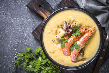 Chowder soup with seafood and prawn shrimps.