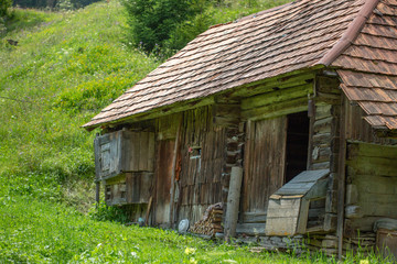 Traditional old wooden barn in the highlands of the Carpathians.