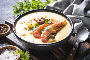 Chowder soup with seafood and prawn shrimps.