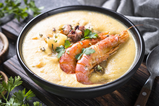 Chowder soup with seafood and prawn shrimps.
