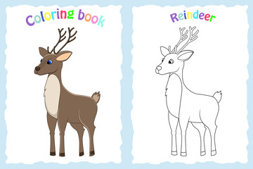 Coloring book page for preschool children with colorful reindeer and sketch to color.