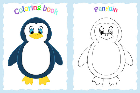 Coloring book page for preschool children with colorful penguin