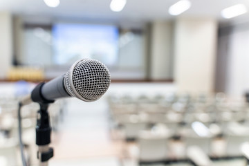 Microphone over the blurred business forum Meeting or Conference Training Learning Coaching Room...