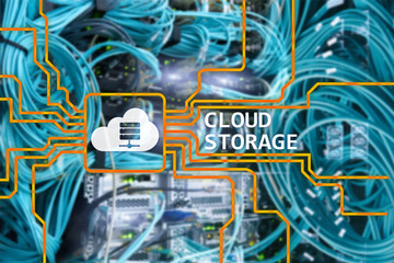 Cloud data storage concept on server room background.