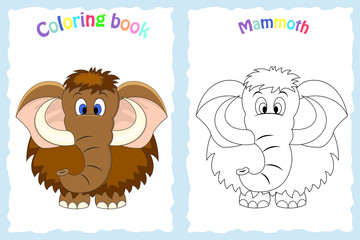 Coloring book page for preschool children with colorful mammoth and sketch to color.