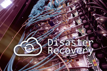 DIsaster recovery. Data loss prevention. Server room on background.