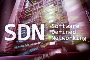SDN, Software defined networking concept on modern server room background.