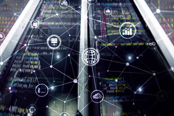 ICT - information and telecommunication technology and IOT - internet of things concepts. Diagrams with icons on server room backgrounds.