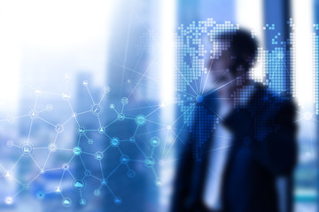 Double exposure mixed media. Diagrams, icons and relations structure on hologram screen. Business...