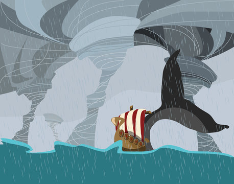 viking boat and whale in storm vector illustration 