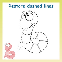 Trace game for children.Cartoon worm. Restore dashed line