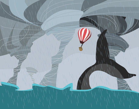 whale and balloon in storm vector illustration 
