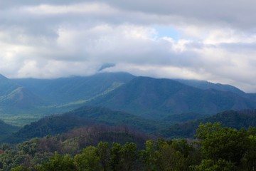 The Tennessee mountains on a cloudy foggy morning.