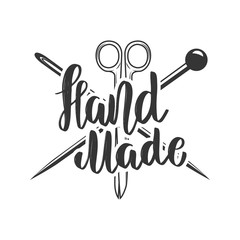 Handmade. Emblem template with scissors and needles. Design element for sign, logo, label.