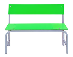 Green plastic bench with metal legs for interior isolated on white background