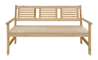 Front view of a long wooden bench with backrest, isolated on a white background (design element)