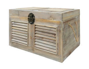 Rustic wooden chest with metal lock, isolated on white background