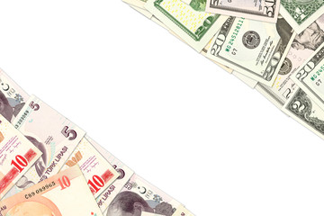 turkish lira and american dollar banknotes indicating bilateral economic relations