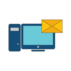 New email on computer vector illustration, flat cartoon design of desktop pc, e-mail envelope with notification received.