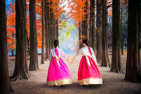 Korean girl walking in nami park in nami island