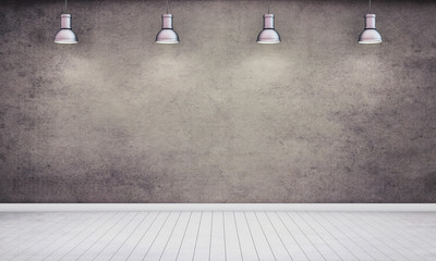 Room with plastered dark wall and lamps. 3D rendering