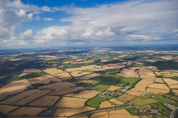 aerial view of Ireland with fields and meadows in dry conditions