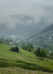 Wooden barn located on the slope of the hill, covered with forest and meadows. Ecology concept of clean environment. Natural background. Taken at misty spring day at Carpathian mountains, Ukraine.