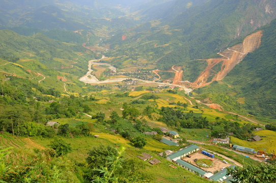 Landscape of golden rice terraced field in harvest season at Sapa in vietnam